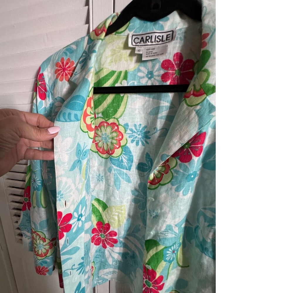 Carlisle 100% Linen Floral Blouse Relaxed Top Size 10 Coastal Cottagecore Preppy - Picture 8 of 9